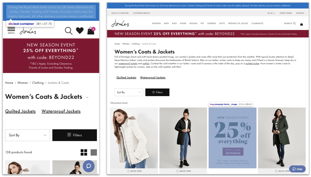 Comparing the LCP element between mobile and desktop on on Joules product listing pages