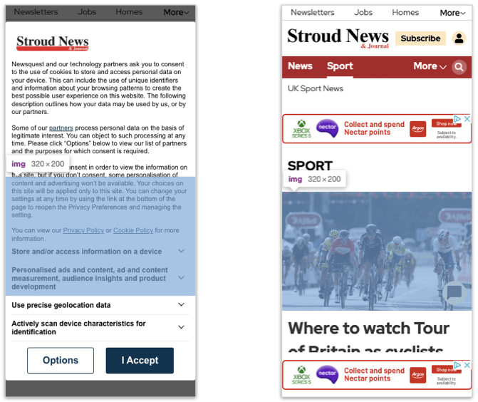 LCP element on www.stroudnewsandjournal.com with and without consent banner visible