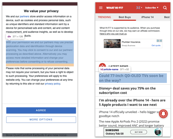 https://www.whathifi.com with and without the consent banner visible