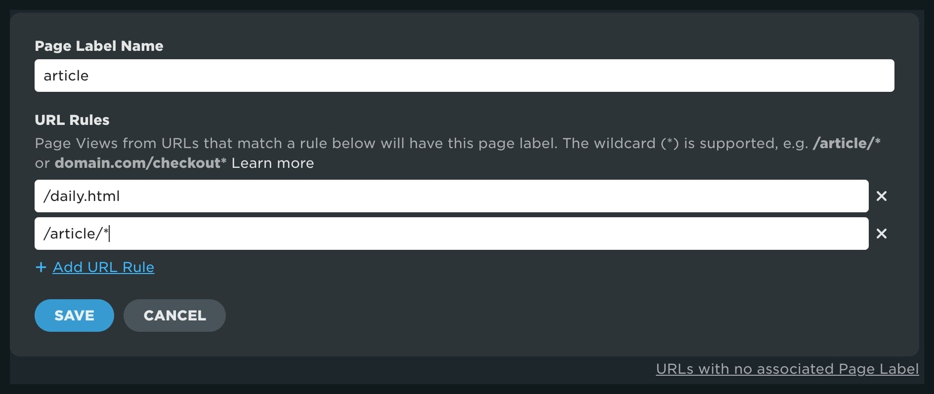 A new page label rule called 'article' being created with an absolute path and a path containing a wildcard