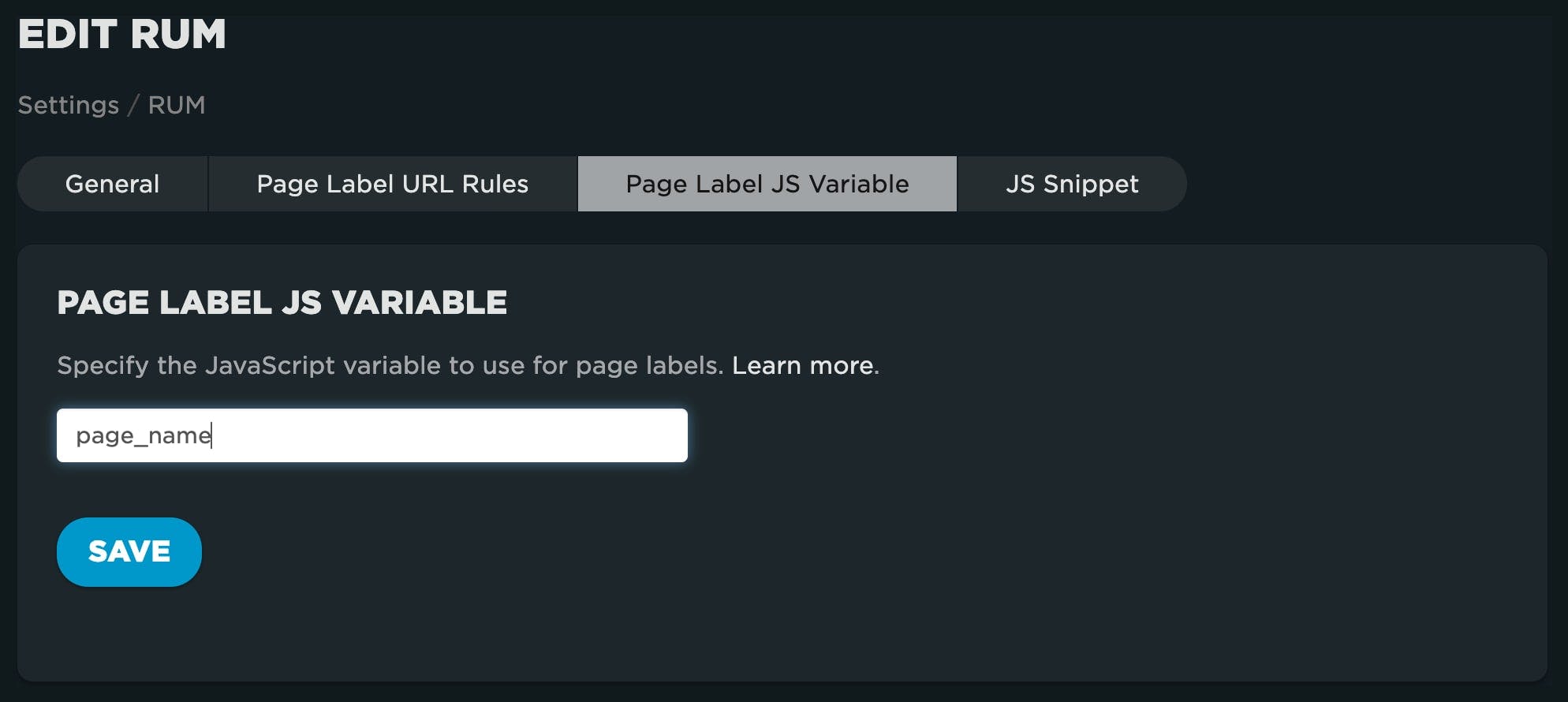 Page label JS Variable UI with a form field populated with a variable called page_name