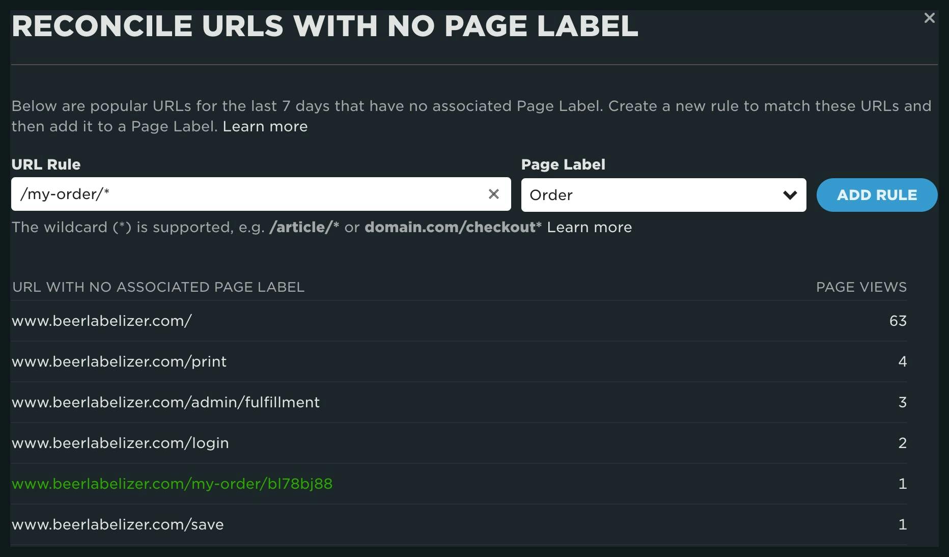 Page Label reconcile tool showing a list of unmatched page labels and an input field for pattern matching from the list.