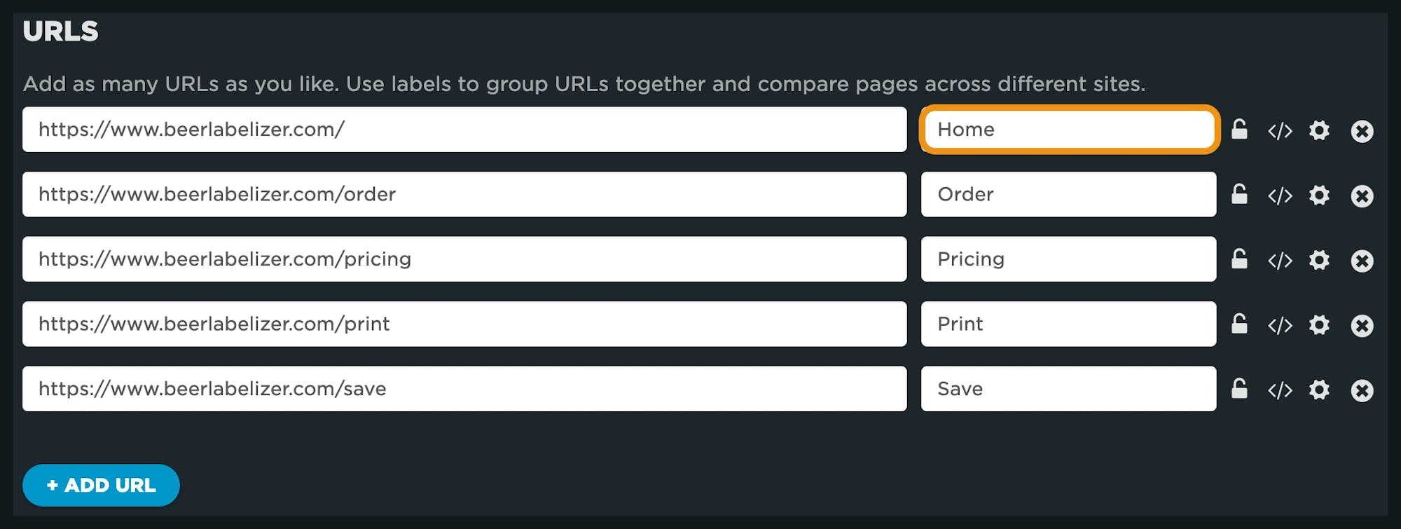 URLs section of the Site Settings page highlighting a page label