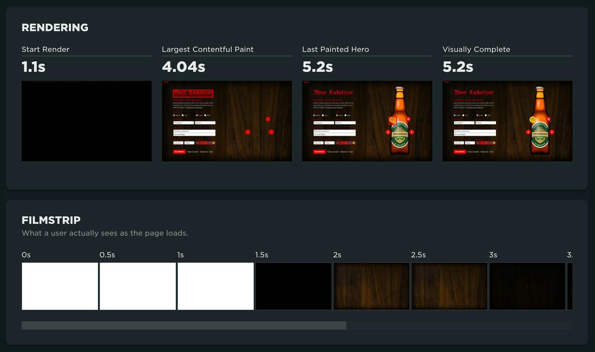 Page dashboard illustrating key rendering times for the page as well as full filmstrip.