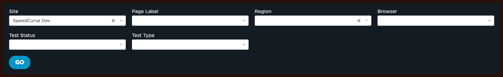 Filter options for the tests dashboard.