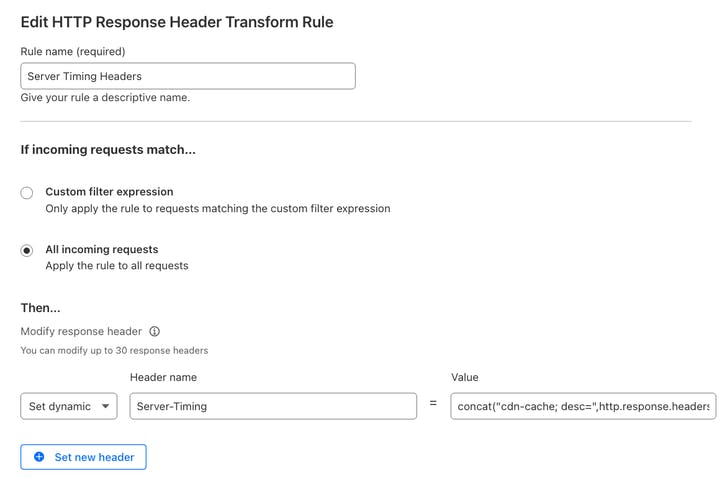 Cloudflare UI for creating a transform rule to enable server-timing metrics.