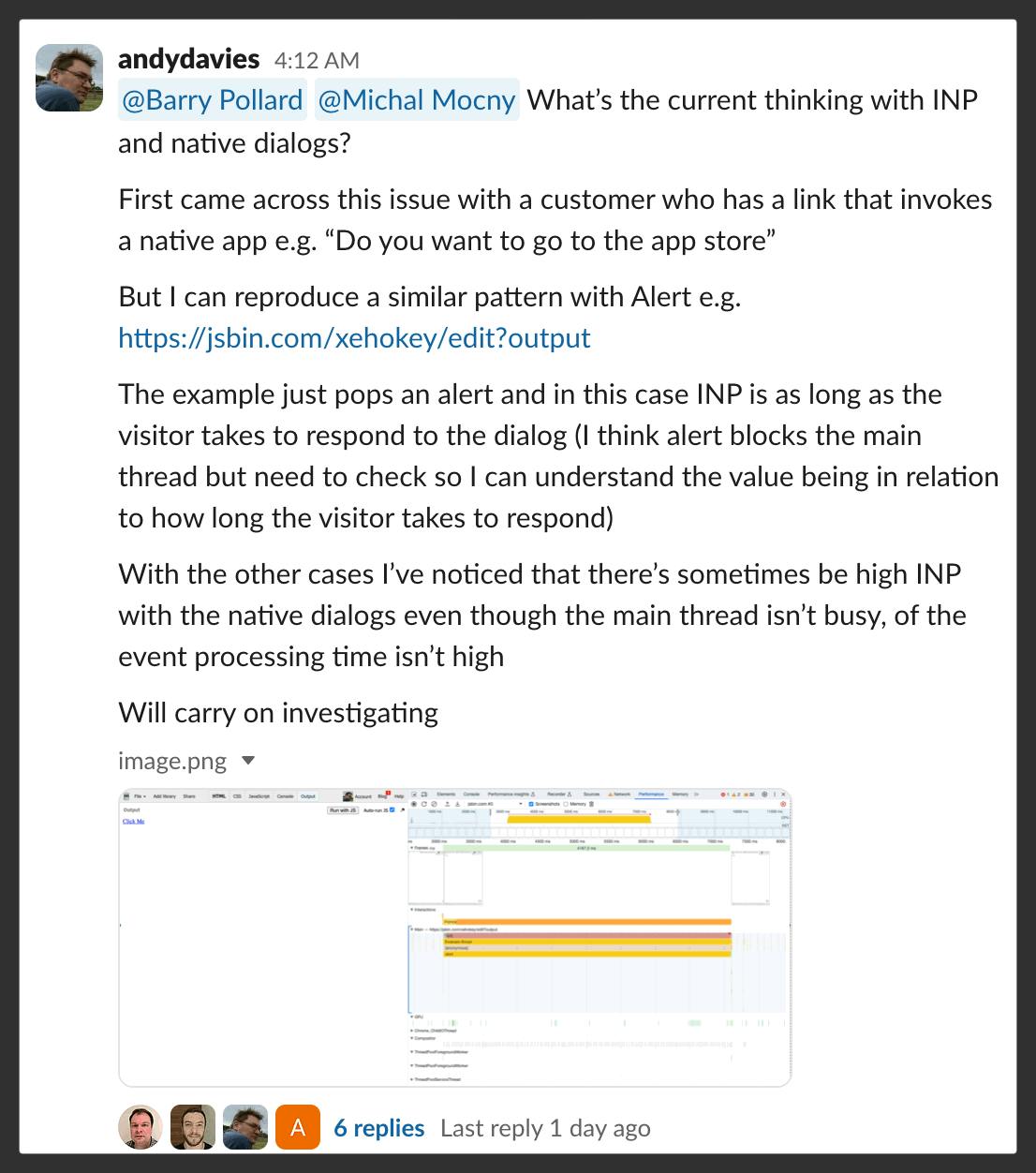 Slack discussion regarding native dialogs blocking main thread and causing high INP scores.