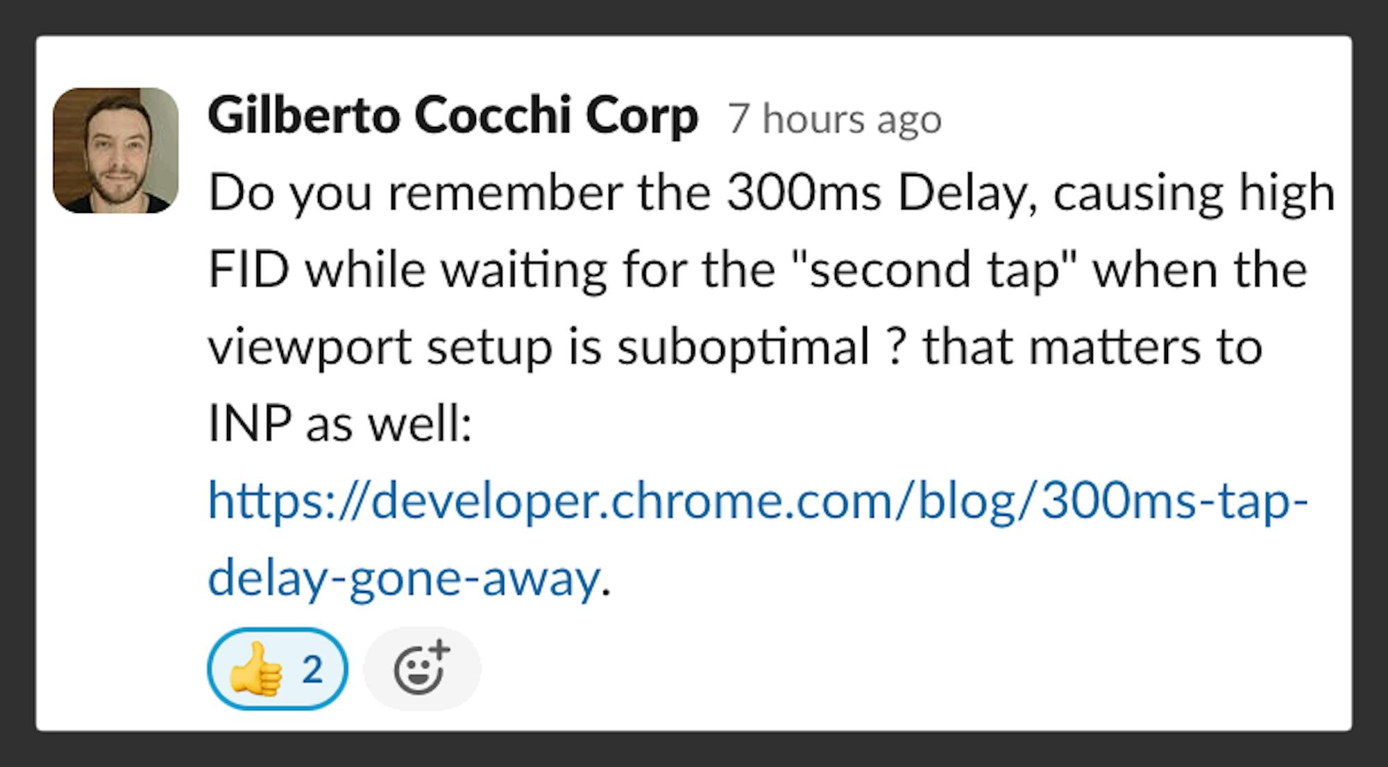 Slack thread discussing edge cases that can cause INP issues related to the double-tap delay.