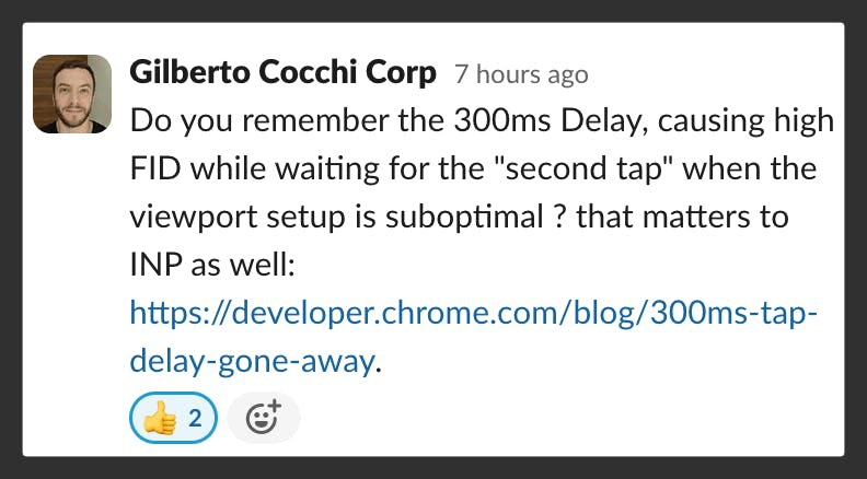 Slack thread discussing edge cases that can cause INP issues related to the double-tap delay.