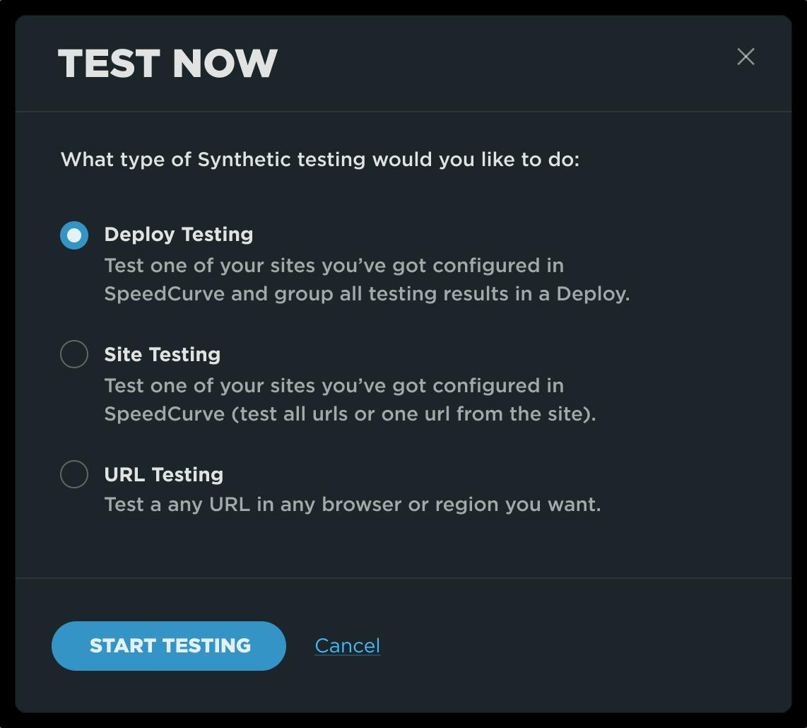 Modal dialog showing options for testing via deploy, site or URL