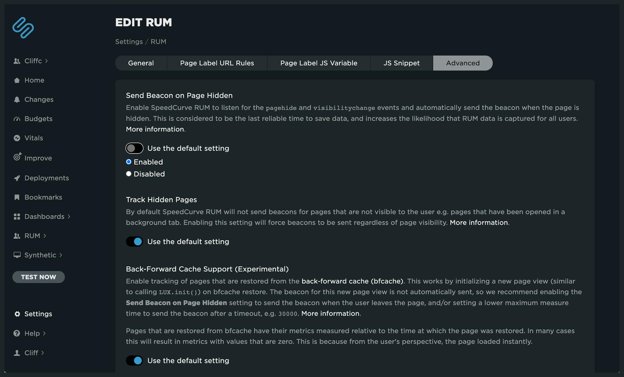 Advanced RUM settings page