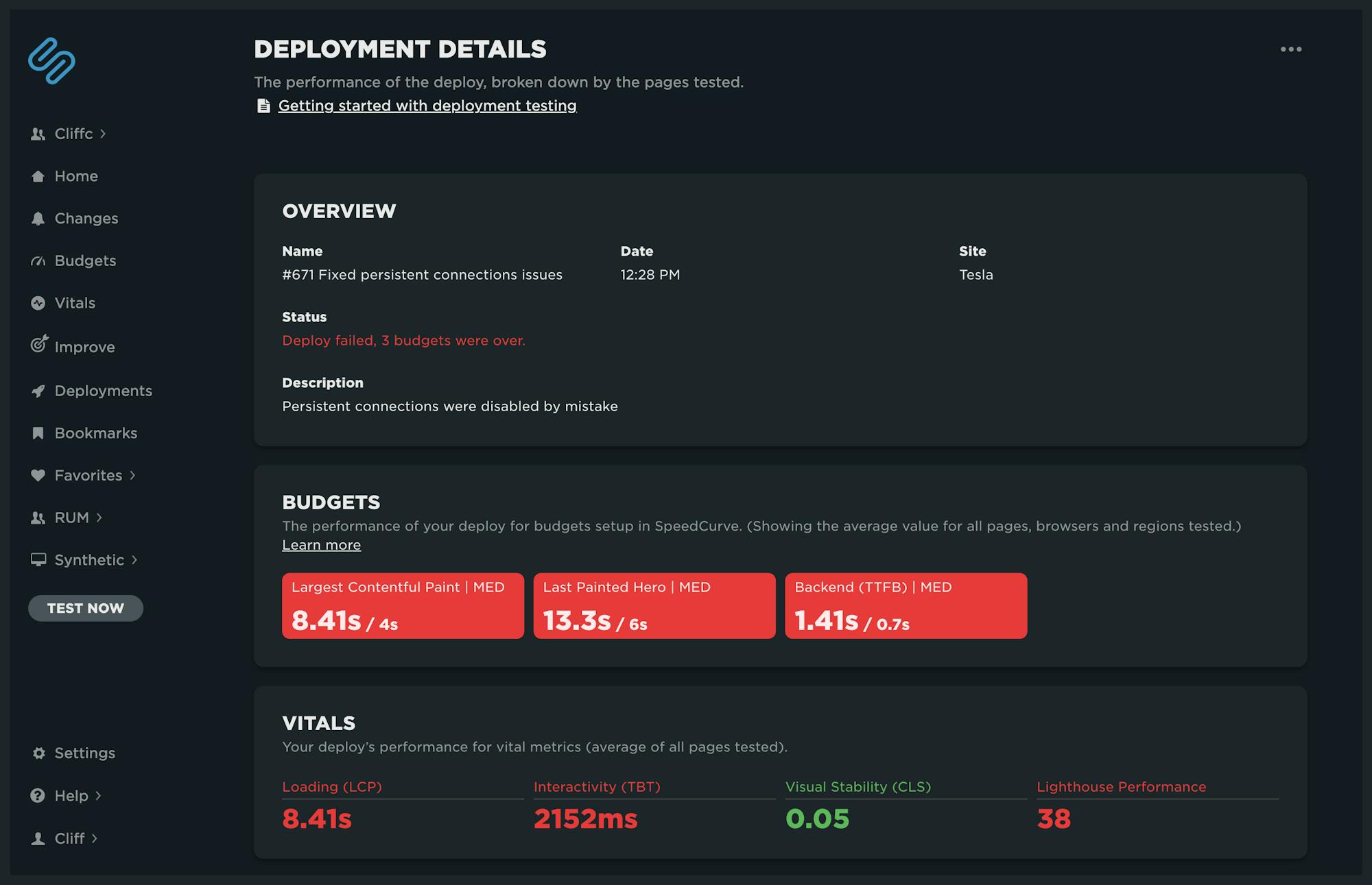 Deployment details showing failed status and overview of core web vitals