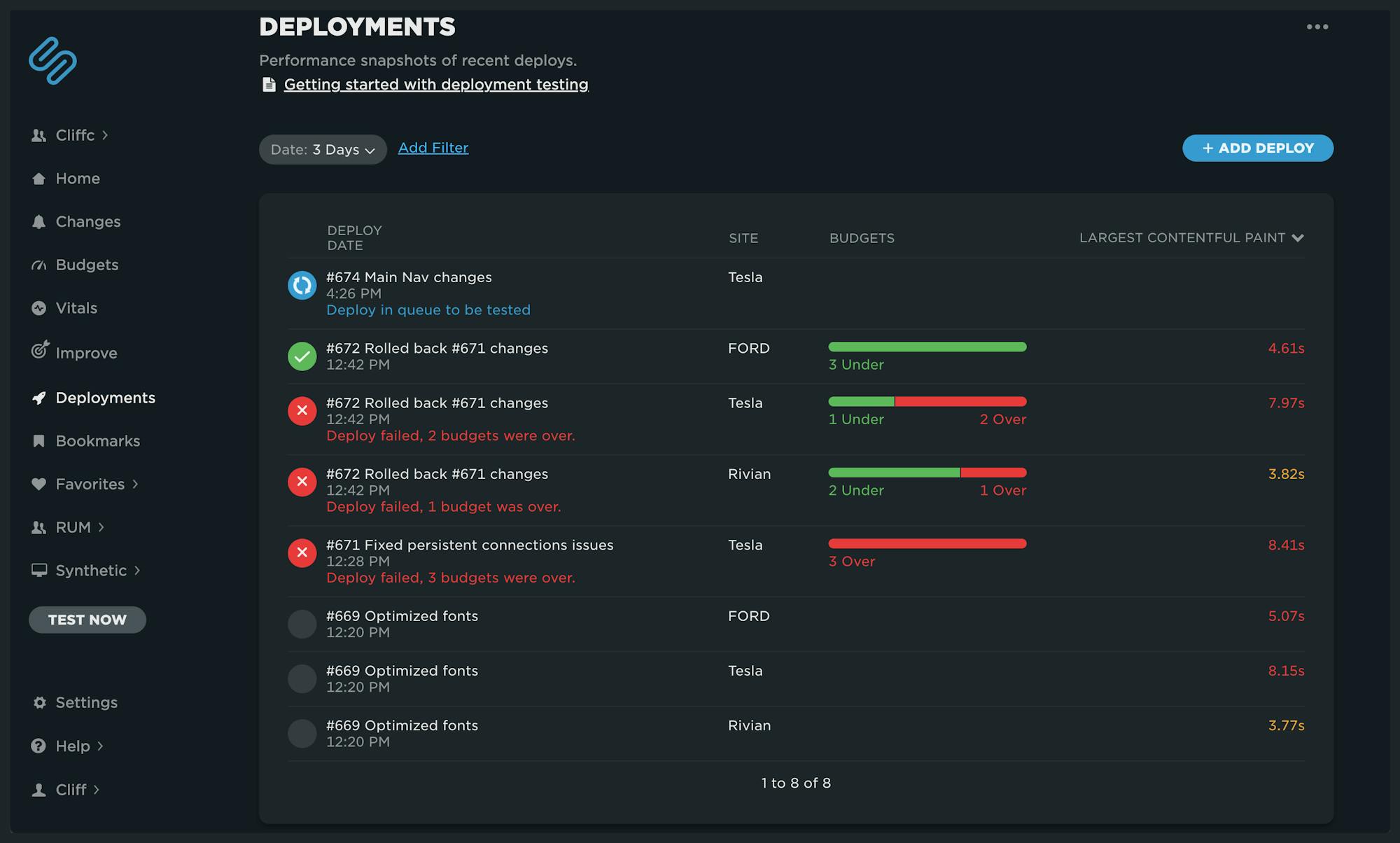 Deployments dashboard showing list of past deployments in various states.