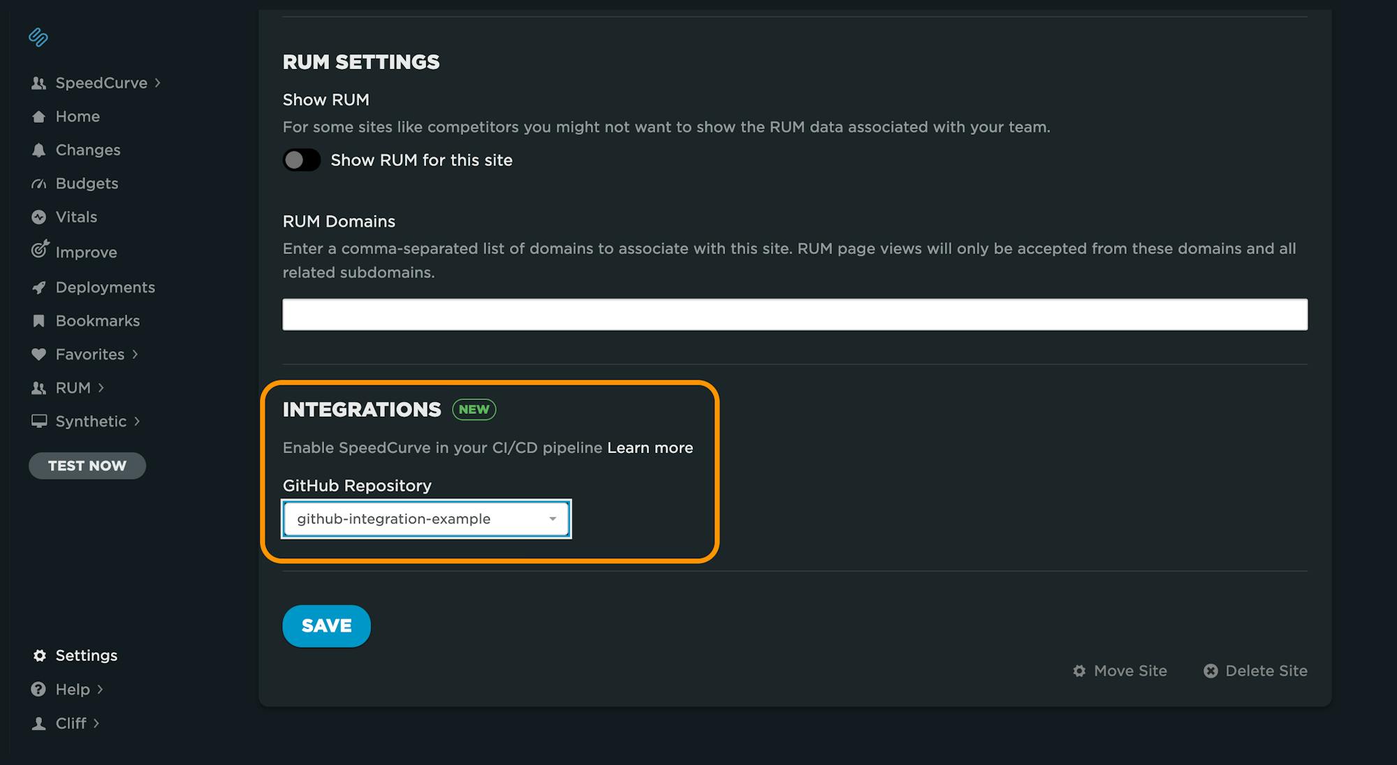 Site settings showing the Github Integration drop down menu