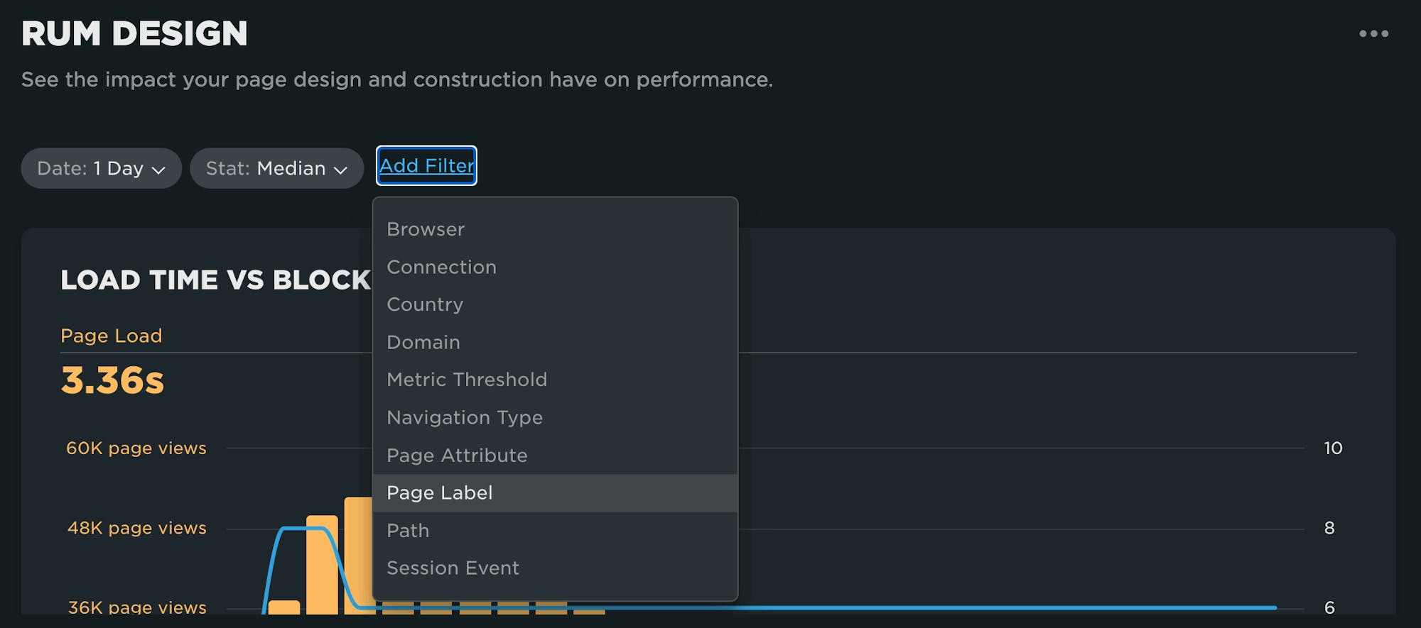 Dropdown filter on the Design dashboard showing a list of options with page label selected