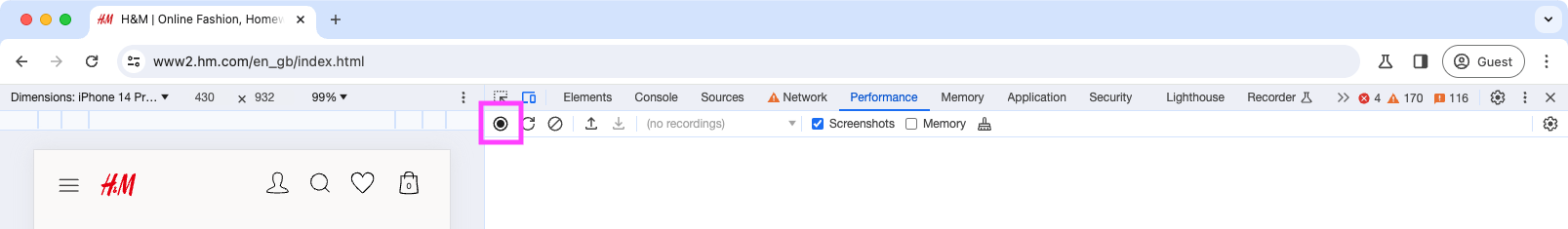 Starting a trace in the DevTools Performance panel