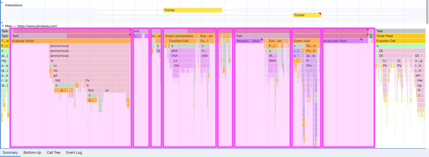 Chrome DevTools showing the Main Thread activity during an interaction