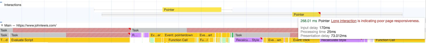 DevTools sowing long interactions when opening the menu on John Lewis