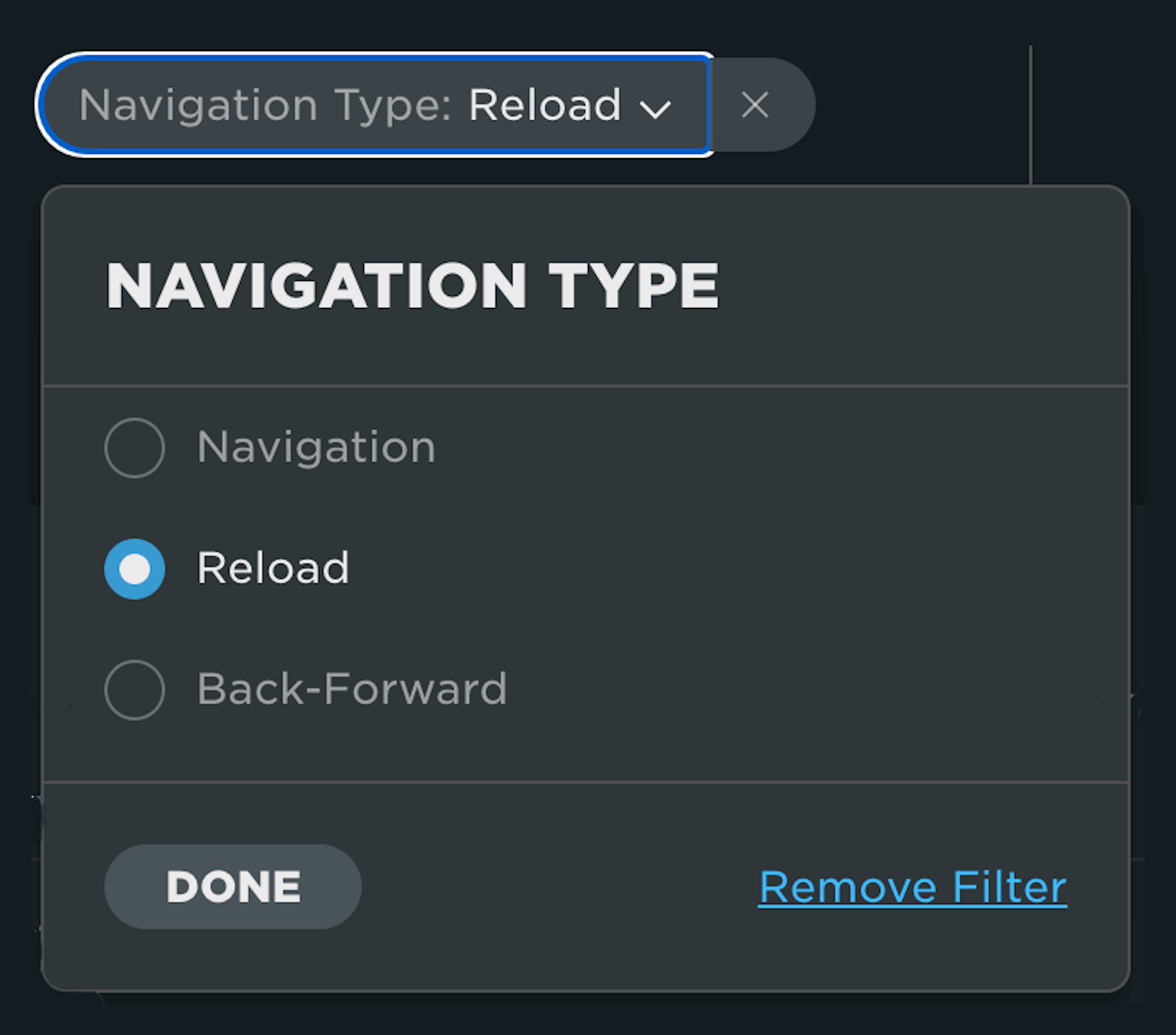 Filter showing navigation types in dropdown