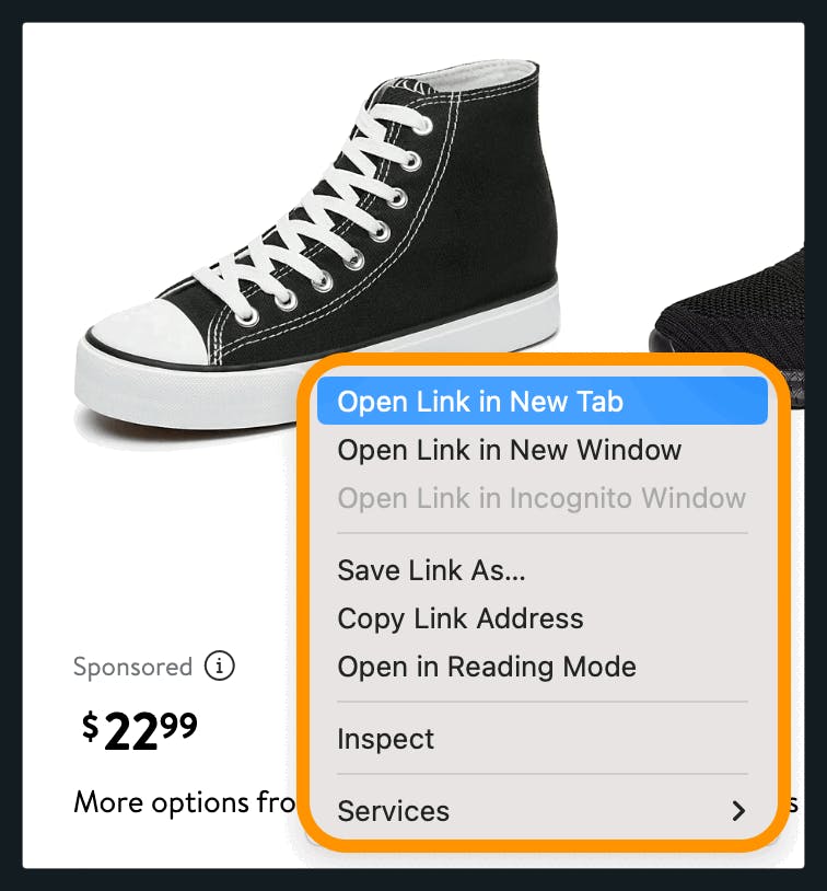 Right clicking on product image to open link in new tab