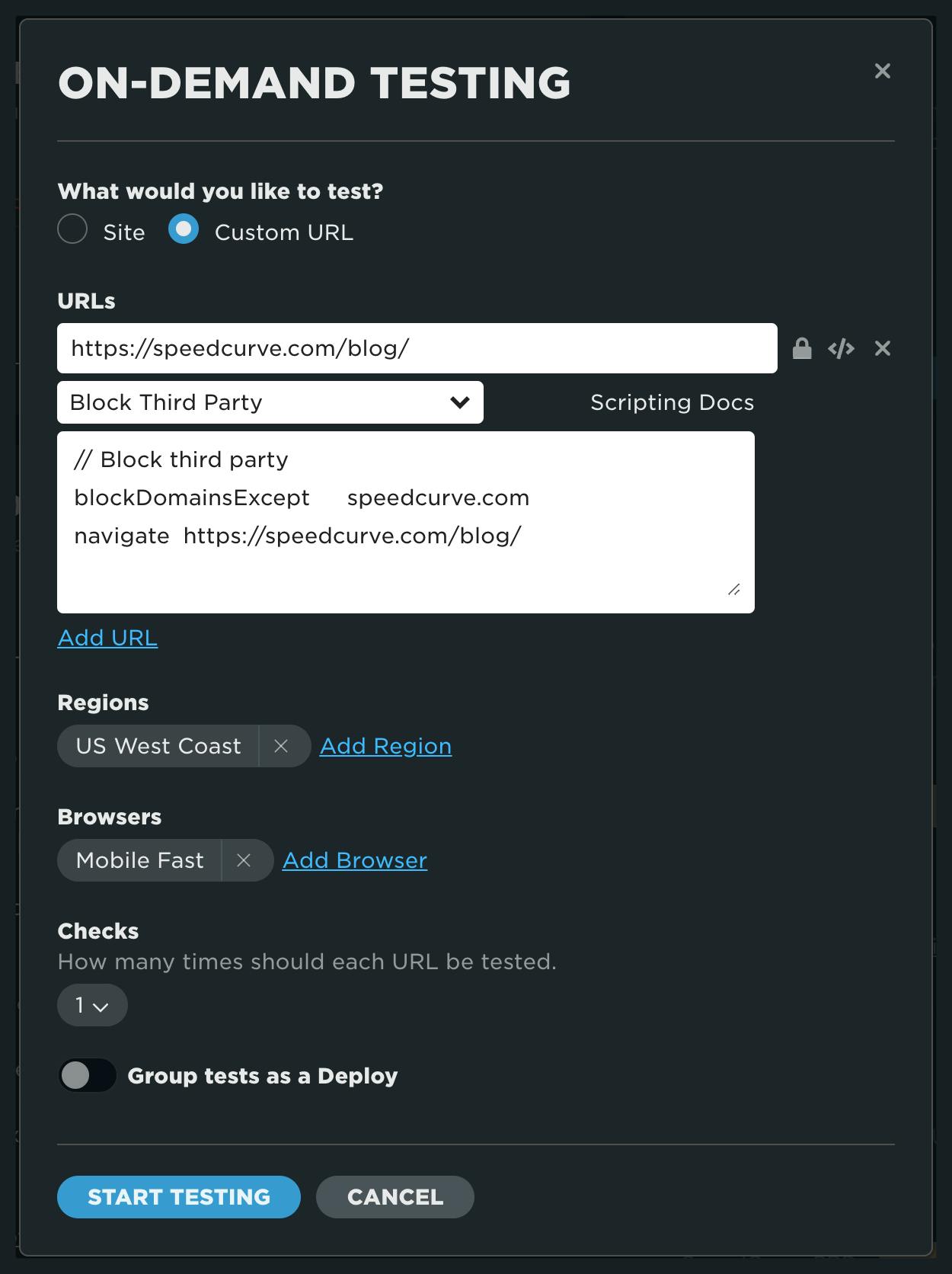 Dialog of a custom url test using a script command