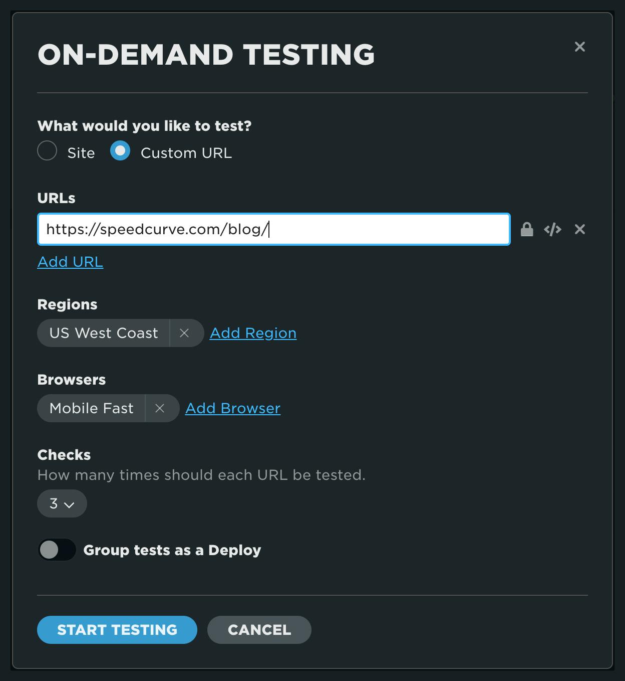 Dialog for running an on-demand test with custom url selected