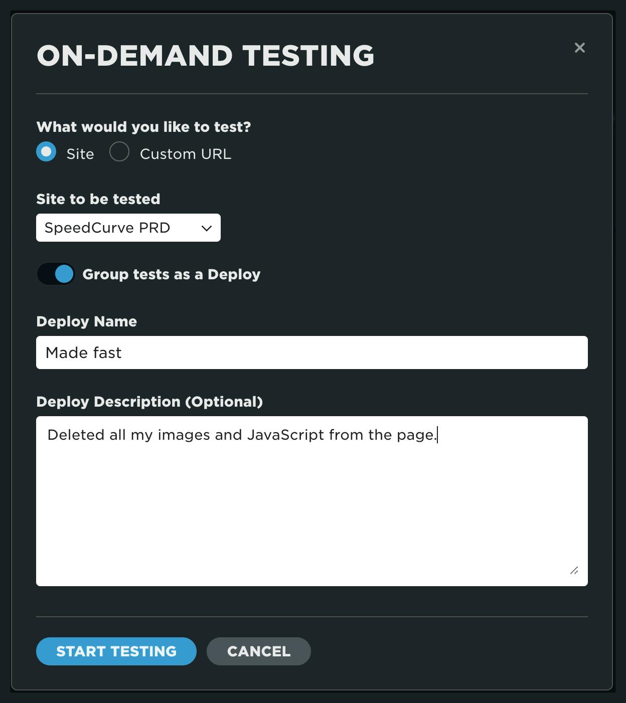 Dialog showing deployment notes