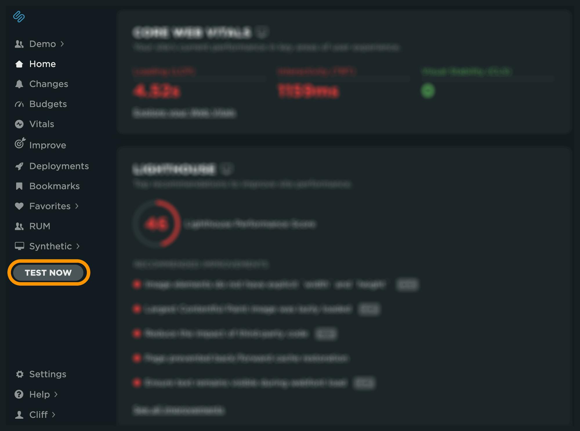 SpeedCurve portal with Test Now button highlighted