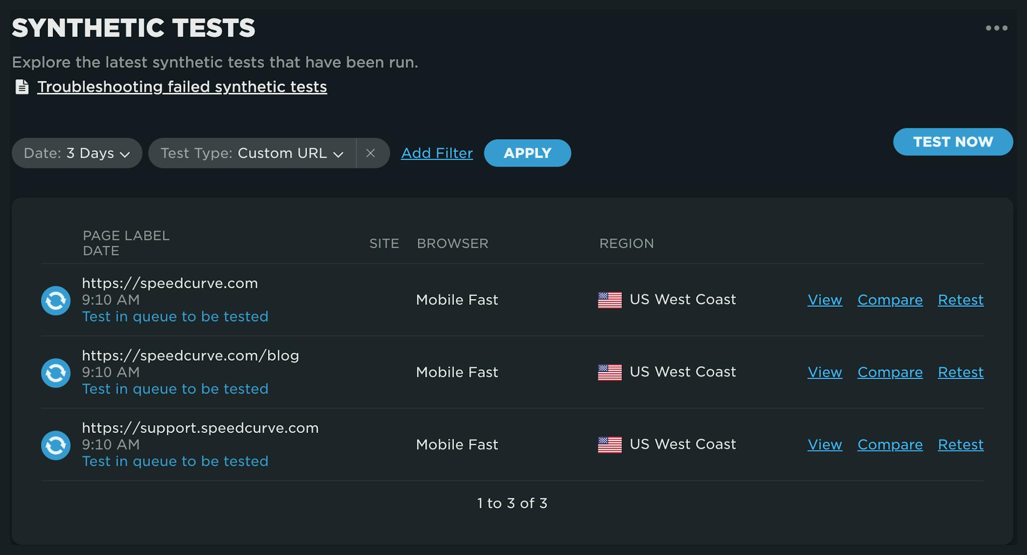 Tests dashboard showing queued custom url tests.