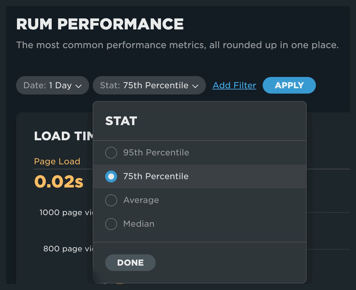 Dashboard filter showing 75th percentile selected