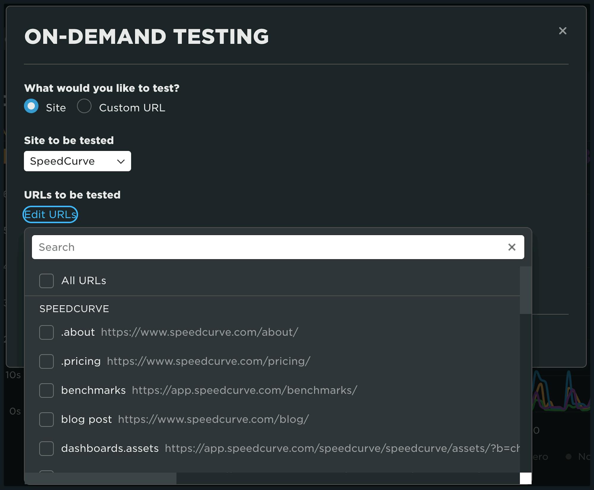 On-demand testing modal showing the ability to test individual urls