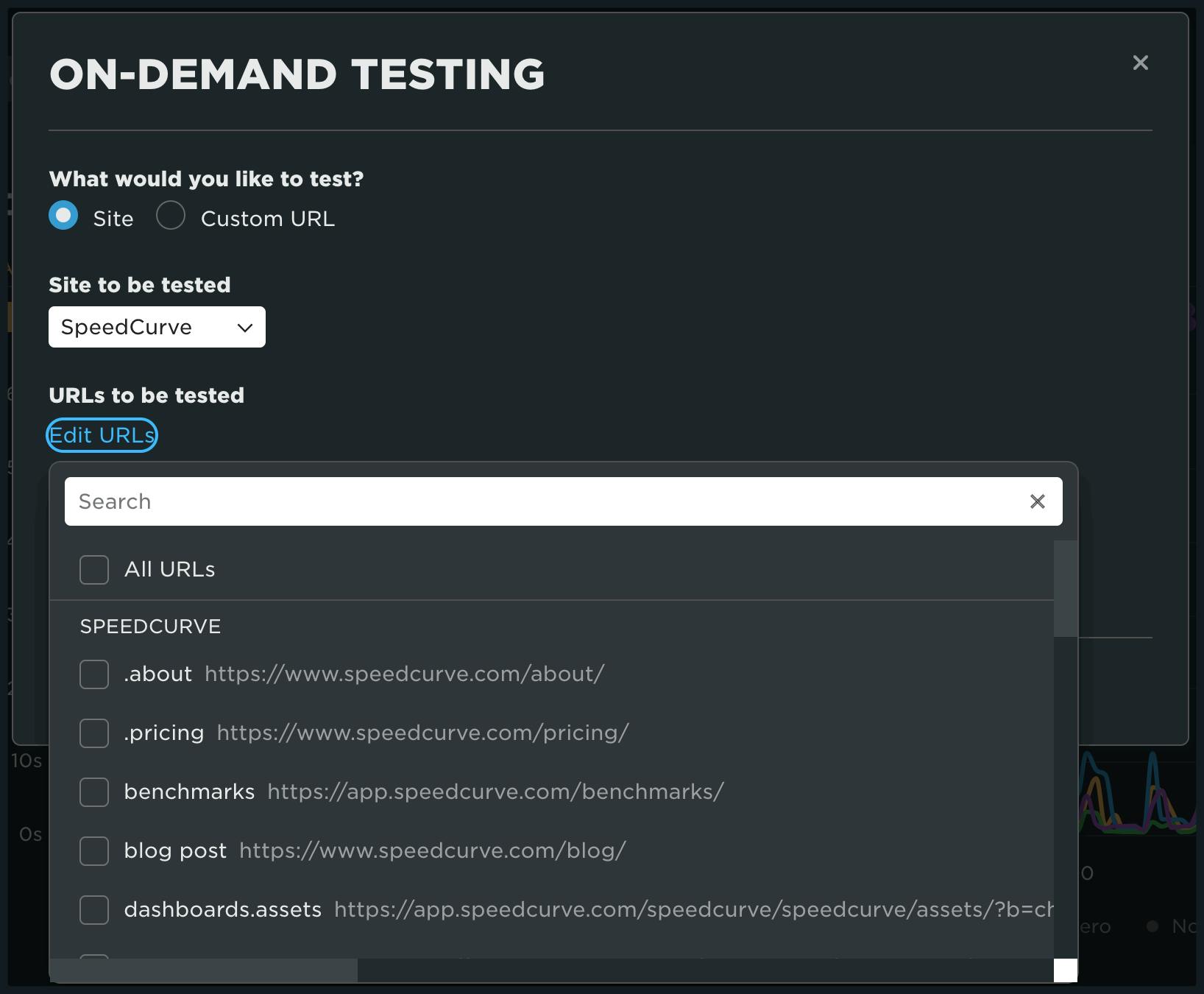 On-demand testing modal showing the ability to test individual urls