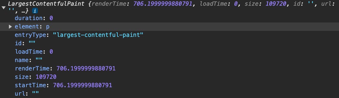 A screenshot showing properties for the LCP metric