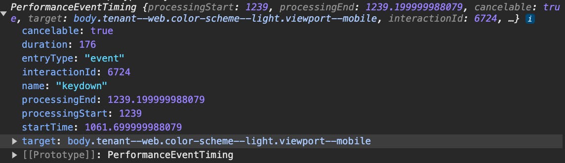 A screenshot showing properties for the INP metric