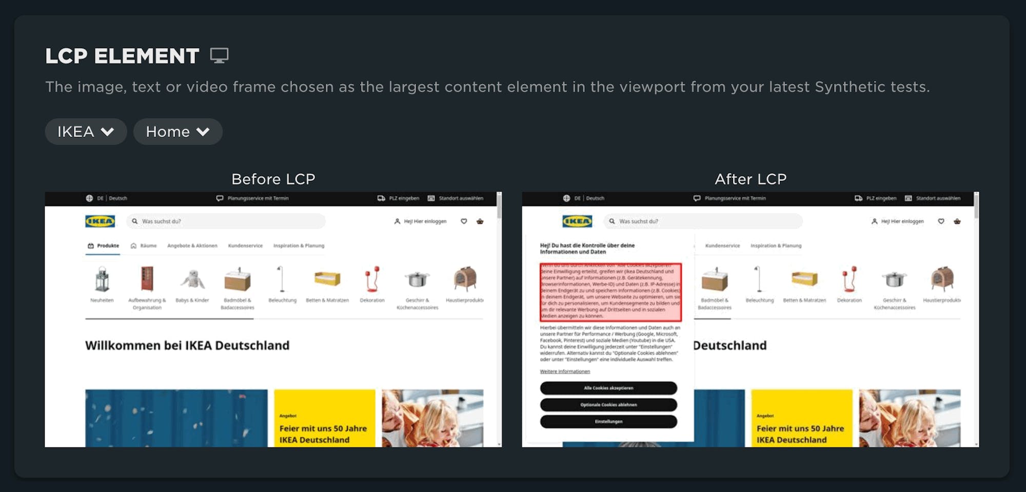 Screenshots before and after LCP element is painted