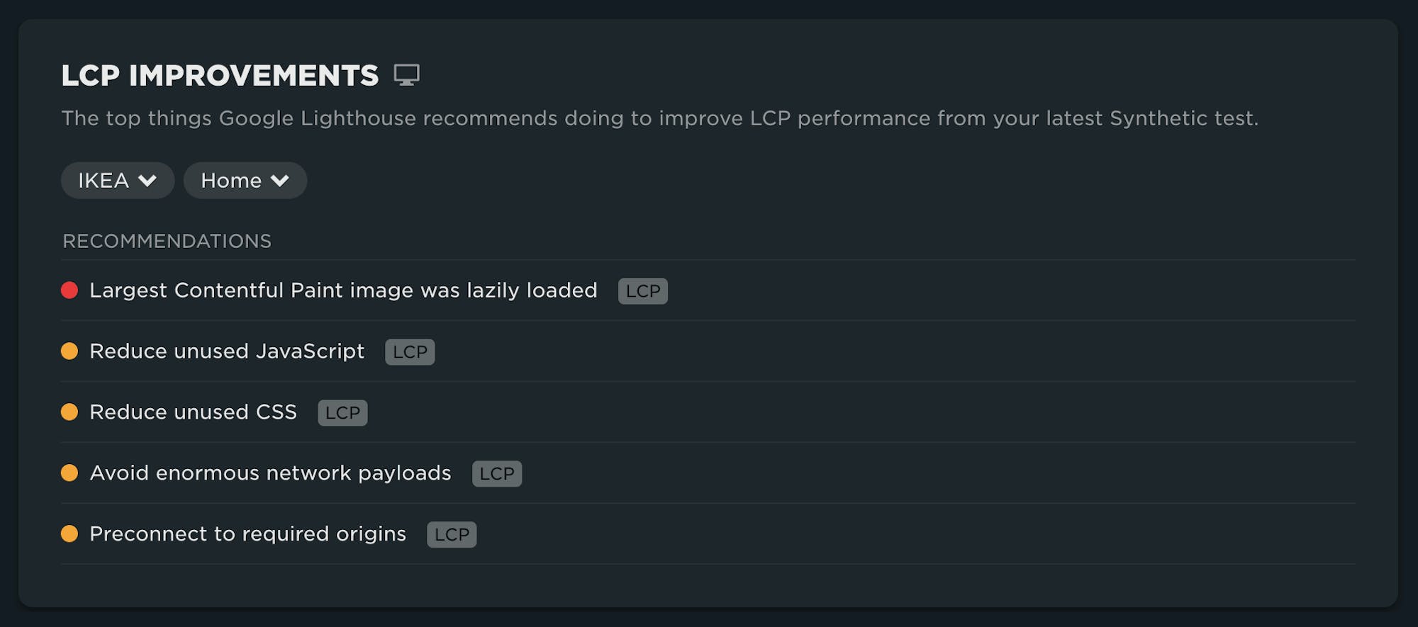 Recommendations for improving LCP from Lighthouse