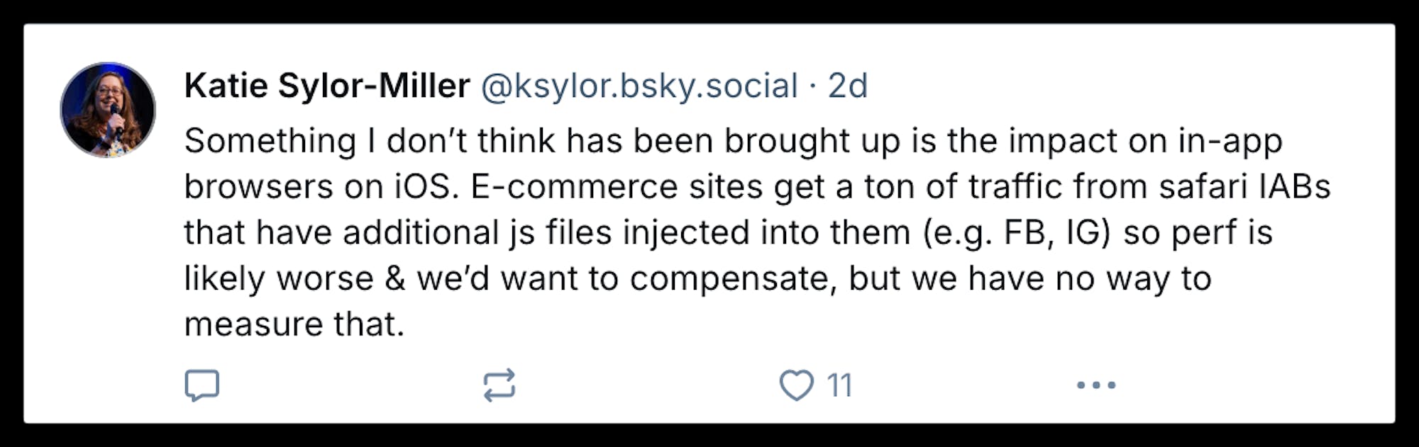 Bluesky post from Katie Sylor-Miller mentioning issues with performance in in-app browsers.