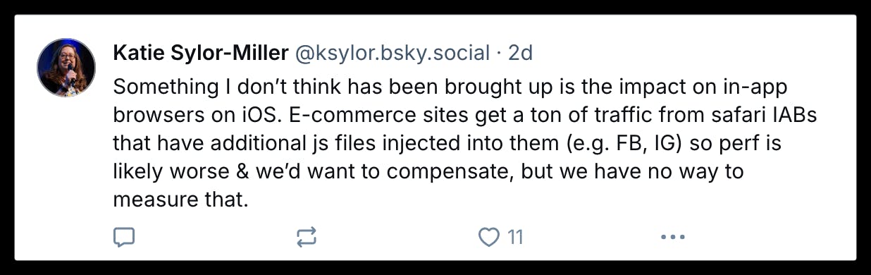 Bluesky post from Katie Sylor-Miller mentioning issues with performance in in-app browsers.