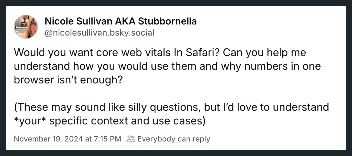 Bluesky post from Nicole Sullivan aka Stubbornella asking the community if they want CWV for Safari.