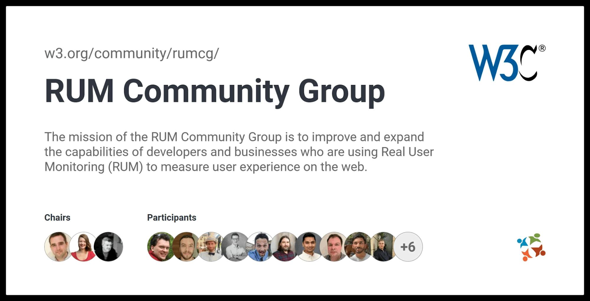 Slide announcing the formation of the W3C RUM Community Group and a call for members. Learn more at https://w3.org/community/rumcg