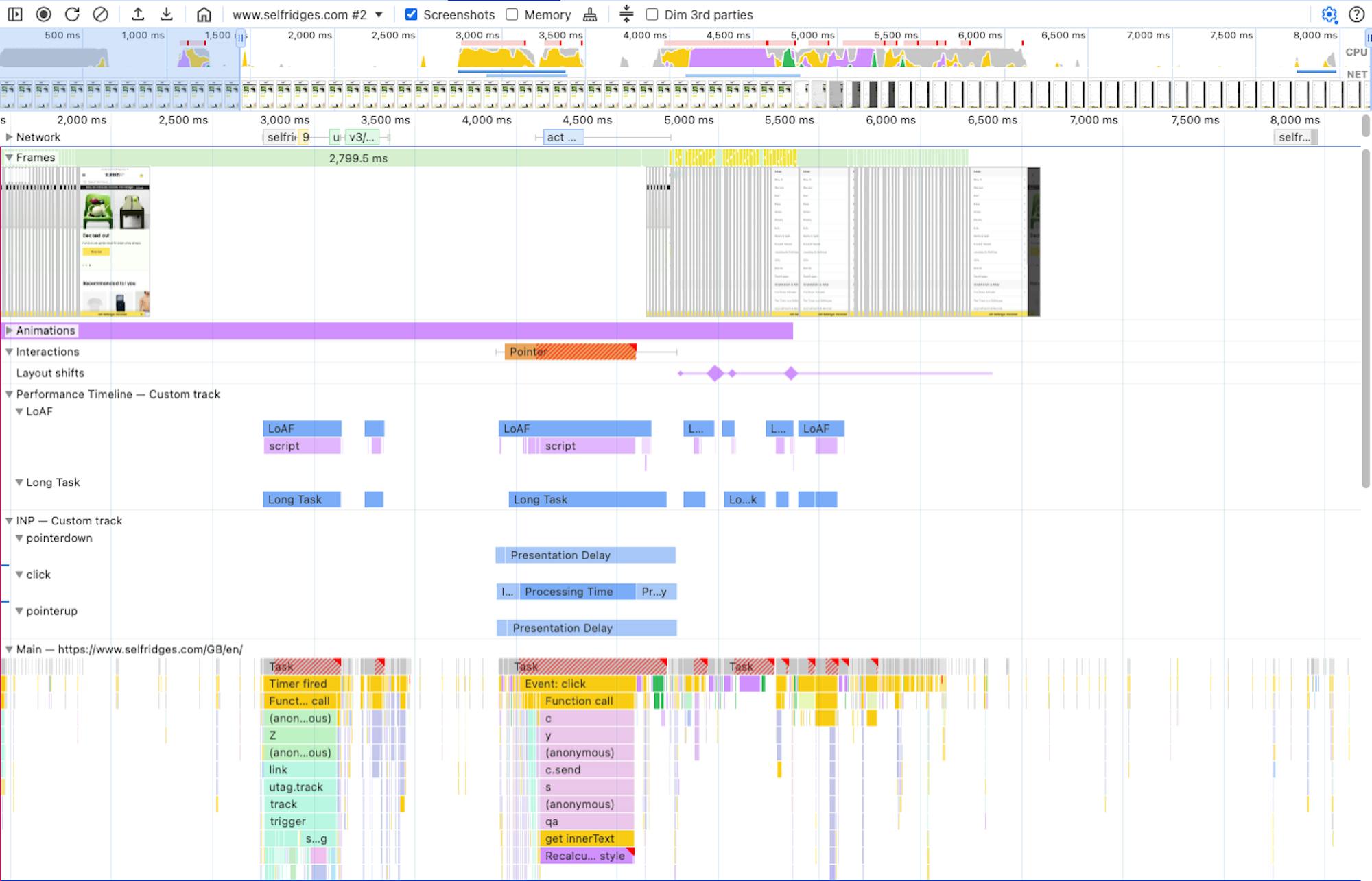 Example of Custom Performance Track showing LoAF and Script Timing Entries created during an Interaction