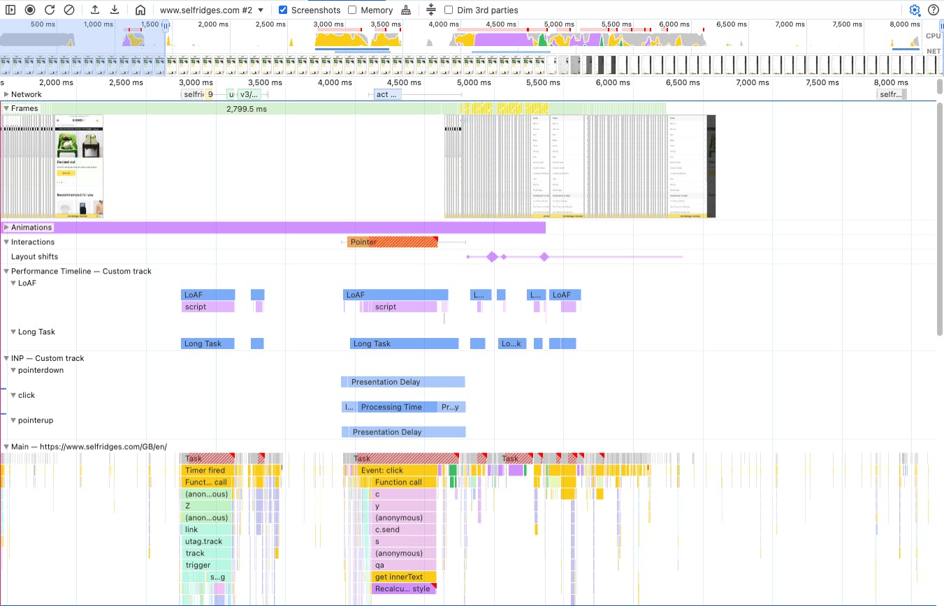Example of Custom Performance Track showing LoAF and Script Timing Entries created during an Interaction