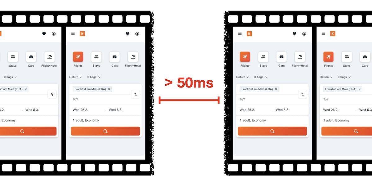 Filmstrip showing frames of a website loading with a gap of 50ms in the middle